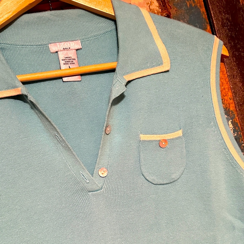 Izod Sleeveless Polo Golf Shirt Mint Green & Cream Accents Tennis pickleball